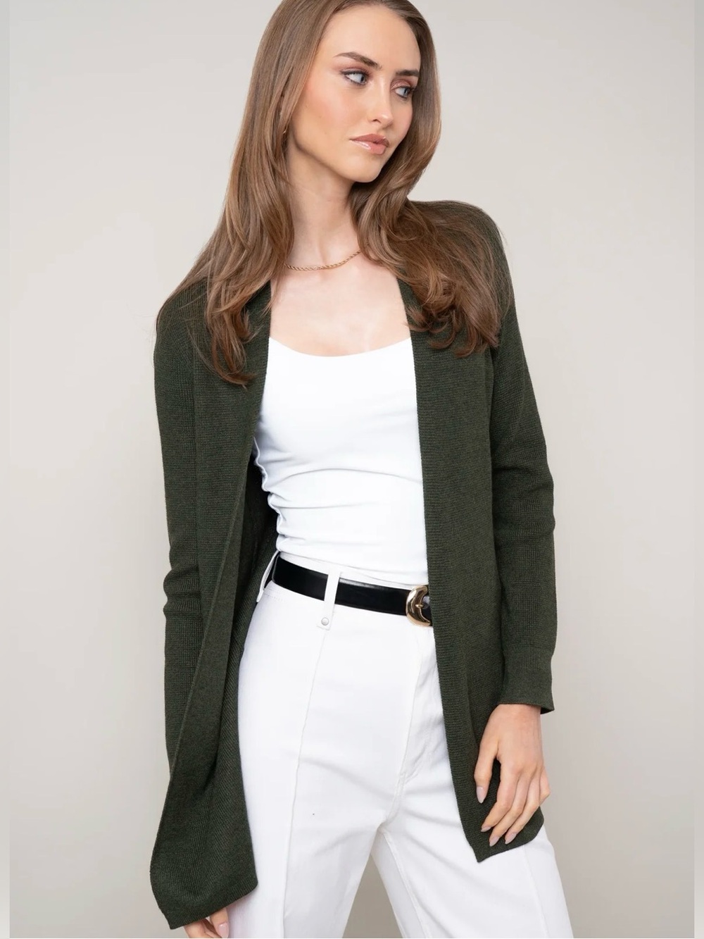 Cyprus Open Front Dark Olive Green Cardigan Sweater Size Large Office School
